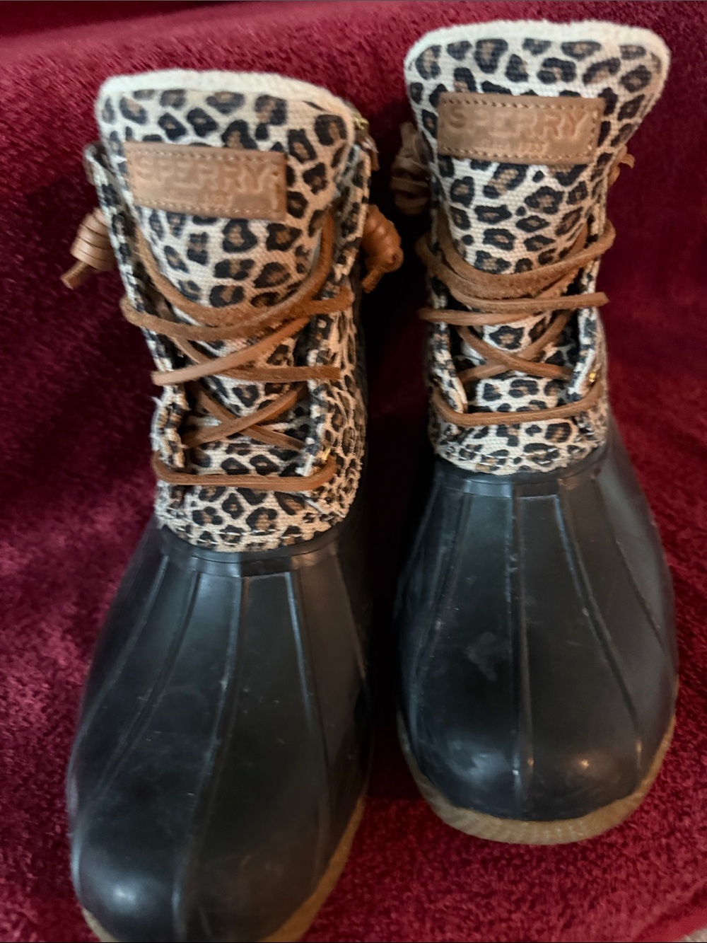 Sperry Black Duck Boots with Leopard-Print Cuff and Brown Laces